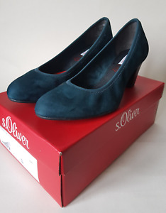 S.OLIVER Ladies Suede Heel Shoes Petrol/Emerald Green Rubber Soles UK4 BOXED NEW