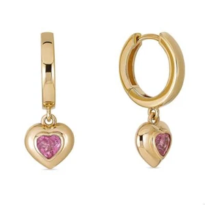 14k Yellow Gold Pink Tourmaline Heart Gypset Hoop Earrings - Picture 1 of 4