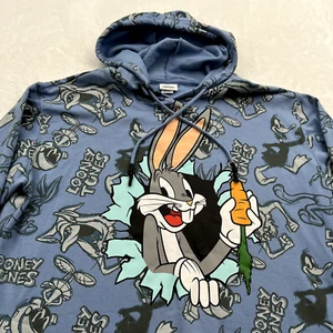 Looney Toons Bugs Bunny Adult Hoodie 3XL All Over Print Big Graphic Blue Hood - Picture 1 of 7