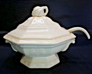 White / Cream Grape 10" Ironstone Octagon Soup Tureen w/ Ladle & Lid (709) - Picture 1 of 23