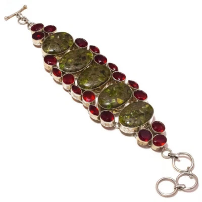 Green Mohave Peridot, Red Apatite Gemstone Handmade Statement Oxidized Bracelet - Image 1 of 2