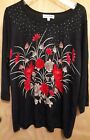 Cathy Daniels Sz  2X Sweater Black W/red flowers, Multi Colored Bling, 3/4 Slves