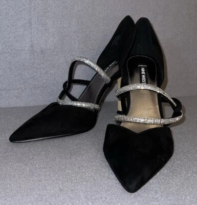 NINE WEST Women's Sparks Pump Black Suede size 7 M pointed toe rhinestone strap - Image 1 of 4