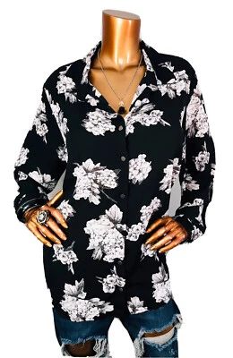 Ruff Hewn Grey 2X Plus Top Floral Button Up Shirt Black White Gray Long Sleeves - Image 1 of 4