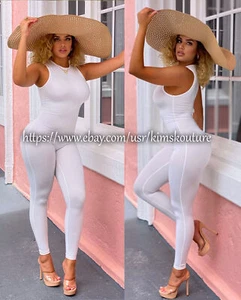 Women Sleeveless Double Lined Jumpsuit Sexy Bodycon Bodysuit Fashion Wear White - Picture 1 of 6