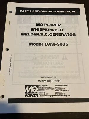 WHISPERWELD DAW-500S OPERATING INSTRUCTIONS PARTS MANUAL MQ Multiquip Welder OEM - Image 1 of 4