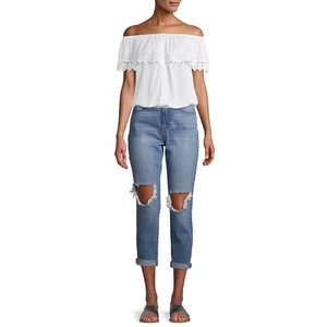 No Boundaries Juniors Super High Rise Destructed Mom Jeans, Med Wash, Size: 15 - Picture 1 of 6
