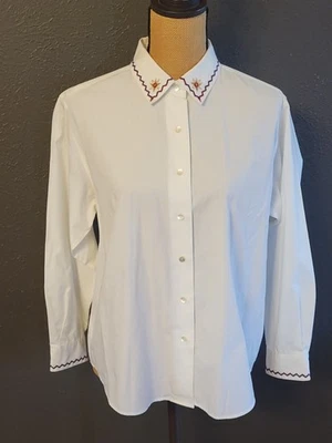 Pendleton Petite Size 12 White Button-up Blouse Embroidered Collar/Cuffs - Image 1 of 4