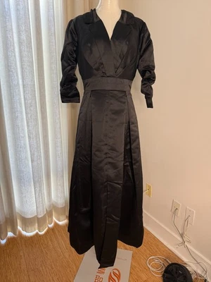 NEW Black Heavy Satin Collared Old Hollywood Vinrage Long Dress Gown, Size 10 - Image 1 of 4