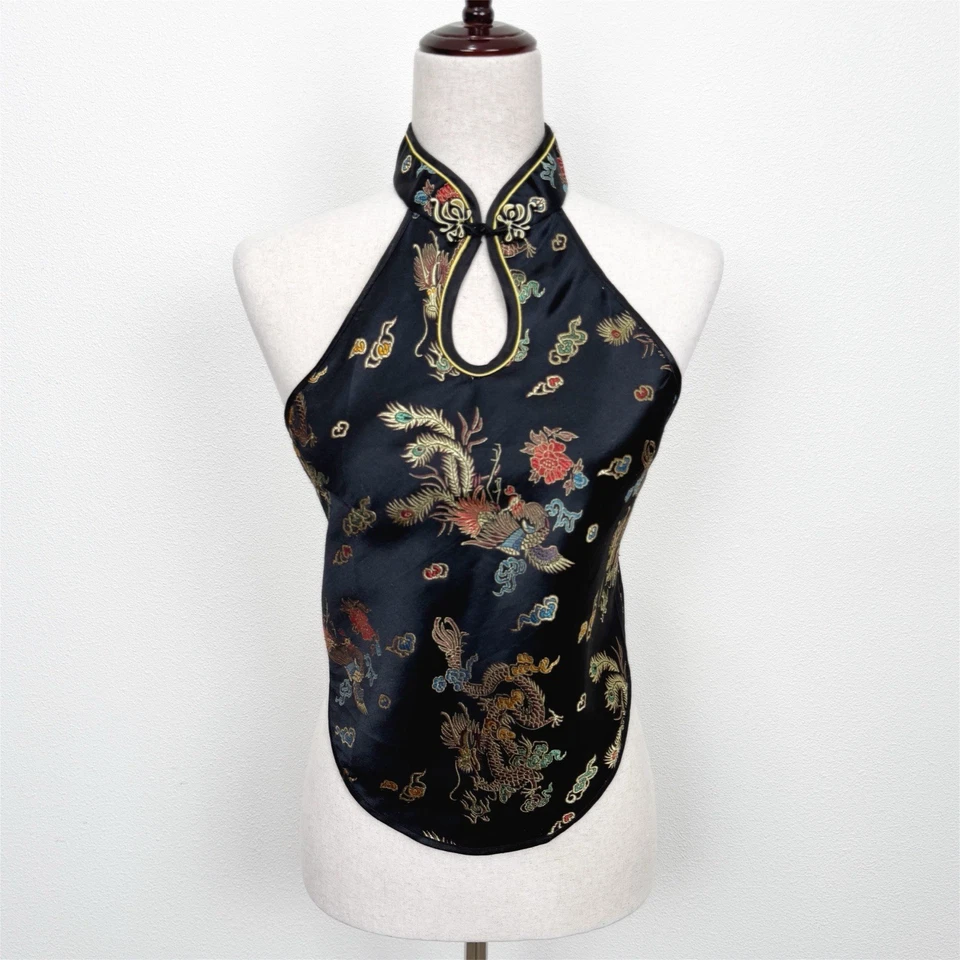 Top halter floral asiático años 90 Y2K para mujer XS* negro sedoso satinado sin espalda festival Foto 1 de 4