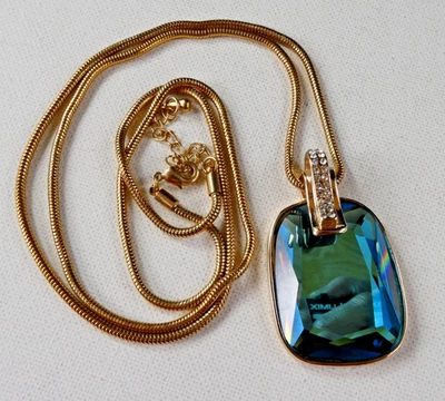 Pretty Aqua Blue Glass Pendant Long Gold Tone Snake Chain w/ Crystals ELEGANT - Image 1 of 4