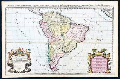 1691 Alex Jaillot Large Antique Map Of South America, Gold Imperial Highlights • 2,366$