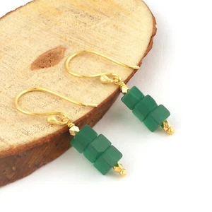 Natural Green Onyx Beads Gold Plated Gemstone Drop Dangle Earring Gift For Women - Picture 1 of 3