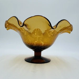 Blenko Art Glass Amberina Footed Vase Ruffled Crackled Compote 5.5in H x 9inW - Picture 1 of 19