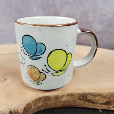 Vintage Speckled Cream Mug Cup Brown Rim Handle Abstract Butterflies Retro 70s - Image 1 of 4