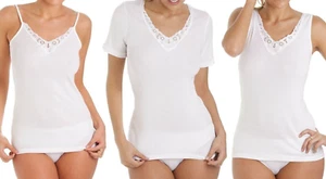 UK Ladies 100% COTTON Sleeveless/Long/Short Sleeve Lace Detail Camisoles Vest - Picture 1 of 4