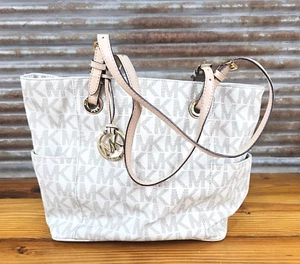 Michael Kors Jet Set Medium East West Signature Monogram Tote Bag Purse Cream - Bild 1 von 19