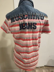 Moschino Jeans Denim Striped Button Down SS Shirt Size M Embroidered Vintage 90s - Picture 1 of 13