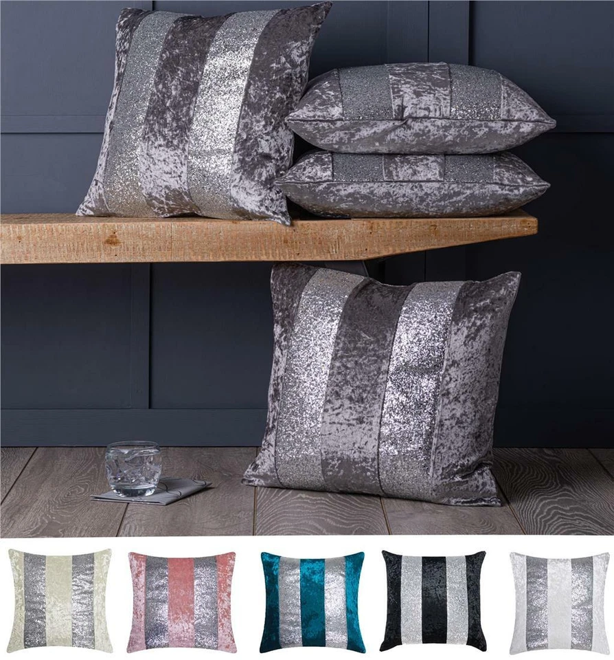 Set of 4 Silver Glitter Stripe Crushed Velvet Cushion Covers 18" or Large 22"  - Image 1 of 1