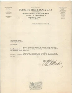 Bemis Brothers Bag Company Indianapolis Indiana 1926 letter to Sagalowsky Bros. - Picture 1 of 3