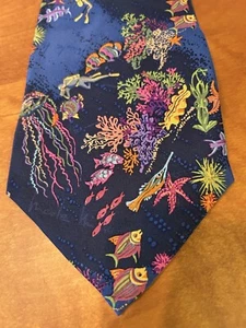 Vintage NICOLE MILLER Blue Tropical Fish Scuba Diver Silk NECKTIE TIE 1999 - Picture 1 of 4