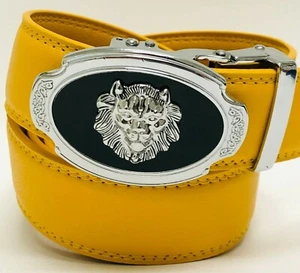  Automatic Oval Silver Gold Buckle Mustard Leather Designer Lion Head Belt Men's - Picture 1 of 22
