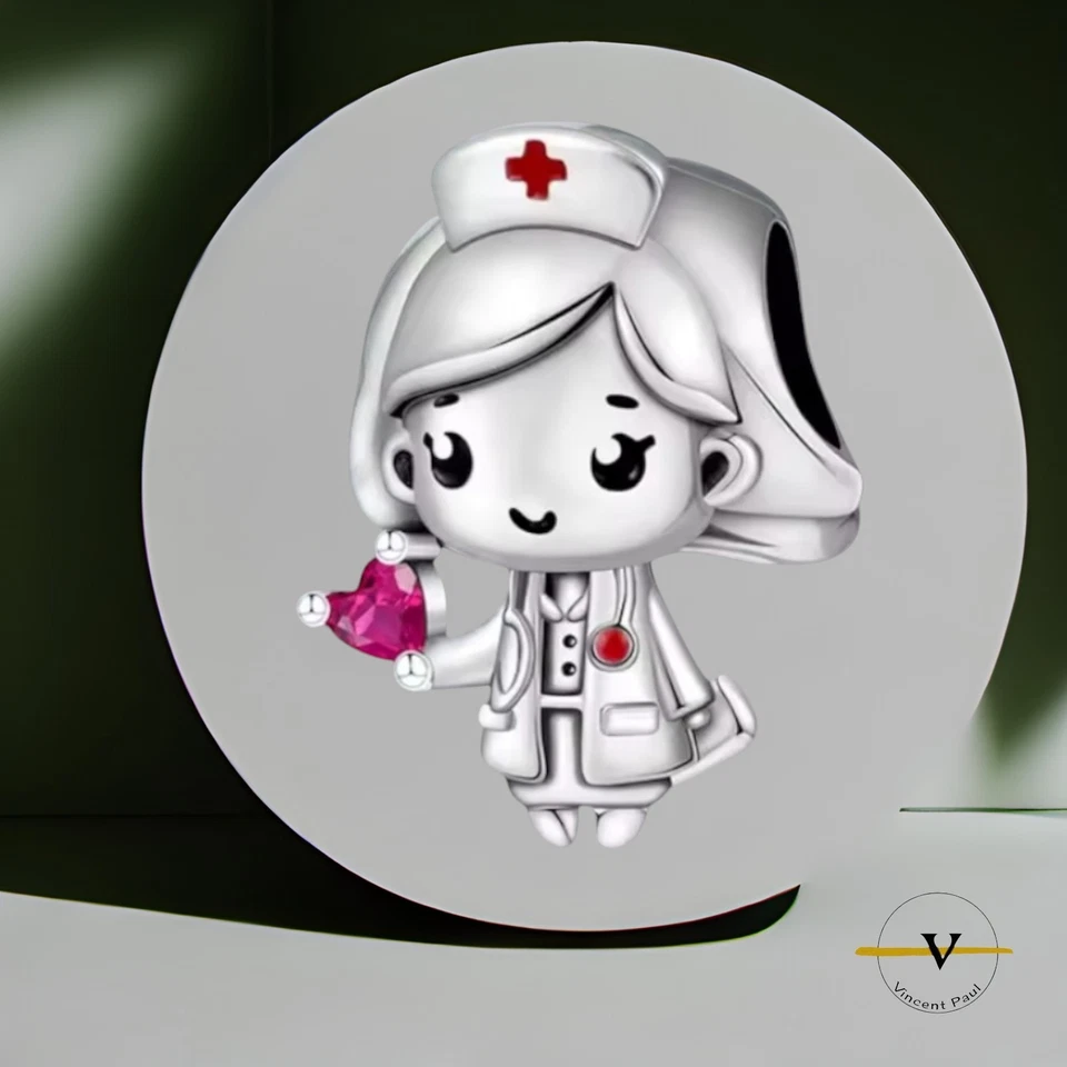 CHARM DONNA INFERMIERA ARGENTO 925  ZIRCONE ROSSO BRACCIALE BRACCIALETTO - Immagine 1 di 4