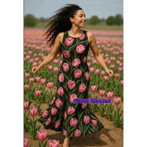 Va Va Voom Dress Long Tulip Flower Floral Cottagecore Long Black Pink Romantic M - Picture 1 of 16