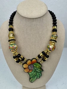 Vintage Necklace Inlay Hawaiian Flower Black Gold Beaded Necklace EXCELLENT - Picture 1 of 11