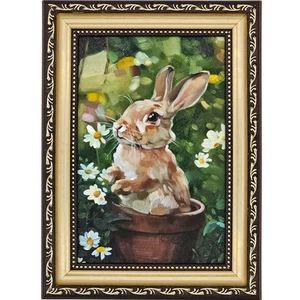 Original Oil Painting Bunny in Flower Pot Garden Art Framed Miniature 4x6 - Picture 1 of 18
