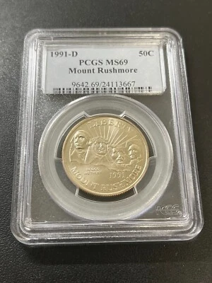 1991 D MOUNT RUSHMORE COMMEMORATIVE HALF DOLLAR PCGS MS-69 - UNC - SLAB - 50C - Image 1 of 2