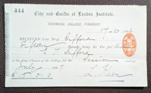 1896 City & Guilds Technical College Finsbury Receipt – Gifford Student Fee - Picture 1 of 1