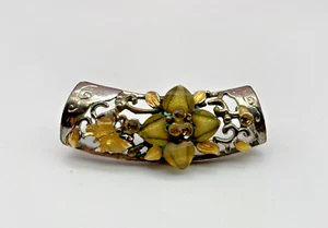 Vintage Pendant Scarf/Ribbon Brooch Silver Tone Metal Flower Butterfly Yellow - Picture 1 of 8