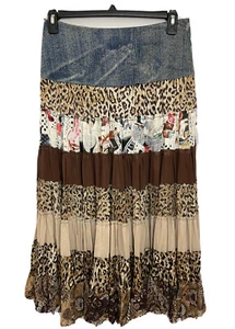 SERENA KAY Women's Gypsies Skirt Brown Silk & Denim Size M Retail $480 France - Picture 1 of 5