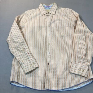 Tommy Bahama Shirt Medium Island Crafted Mens Cotton Orange White Gray Striped - Picture 1 of 15