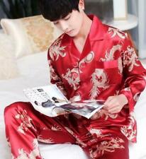 Blue Floral Men Silk Sleepwear Pajamas Set Long Sleeve Lapel Home Plus Size DIWS