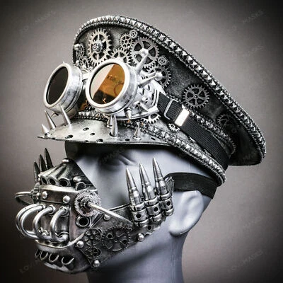 Gorra Capitán Steampunk Metálica Plateada con Máscara de Gas de Fiesta Plateada Disfraz de Halloween Foto 1 de 4