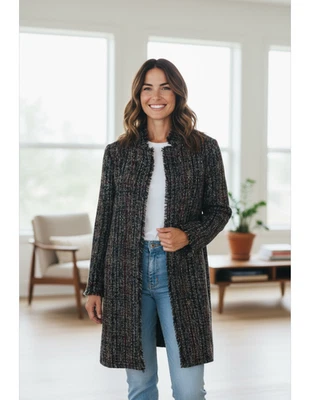 Abrigo J. McLaughlin Negro/Multicolor Walden Tweed Talla Grande Chaqueta Larga Foto 1 de 4