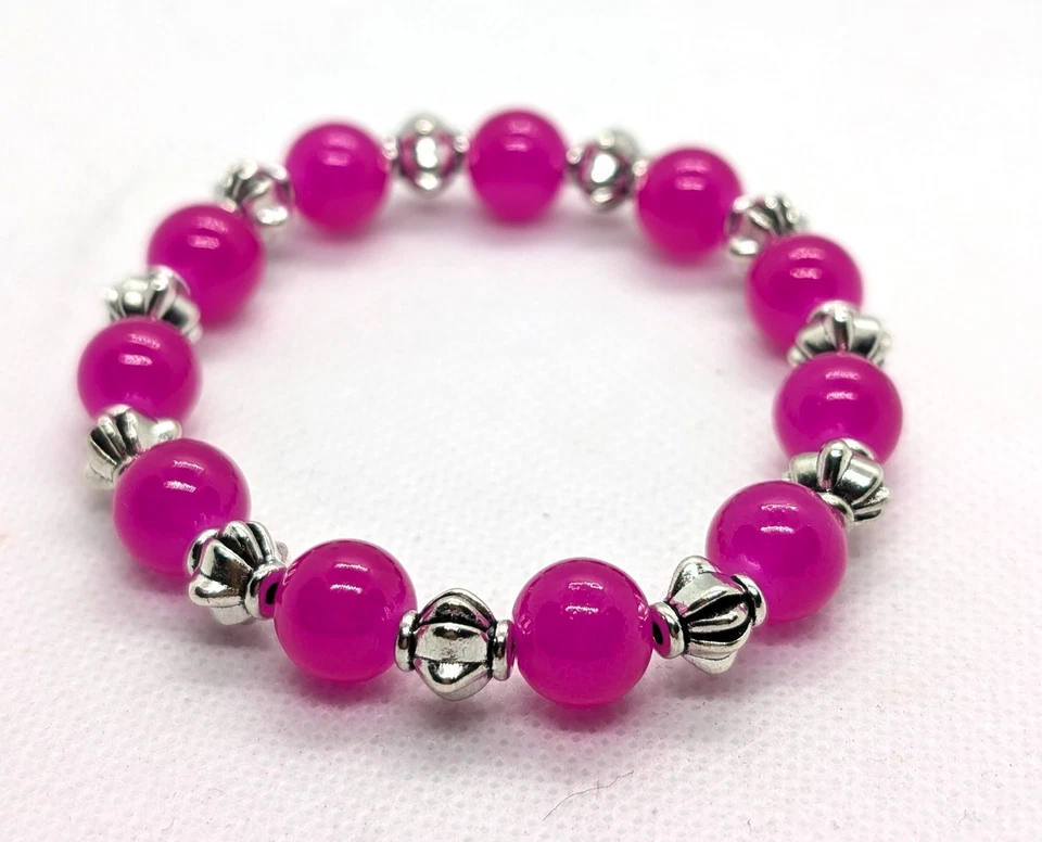 Pulsera de mujer de 10 mm de jade rosa intenso y plata tibetana Foto 1 de 1