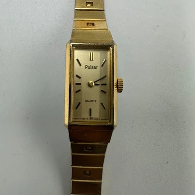 Vintage Pulsar Watch Women Gold Tone Slim Rectangle Dial 12MM New Battery - Image 1 of 4
