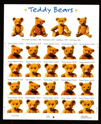 U.S. #3653-3656 MNH, TEDDY BEARS Sheet,  20X37 Cent, FV $7.40 (2002) - Image 1 of 2