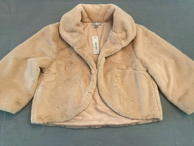 WD NY  Women's Beige Faux Fur Coat Cropped Open Lined Jacket Size L - Image 1 of 4