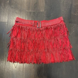 Nylon Apparel Women's Red Fringe Rhinestone Mini Skirt NWT Size 2XL Handmade - Picture 1 of 9