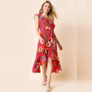 Francesca Mi Ami Red One Shoulder Ruffled Tropical Summer Party Dress Small - Picture 1 of 13
