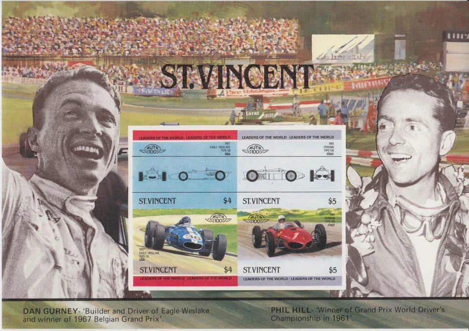 ST VINCENT DAN GURNEY PHIL HILL GRAND PRIX RACE CAR DRIVING MNH SS imperf RRR A - Image 1 of 1