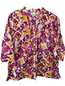 BRECKENRIDGE 2x Button Up Shirt Plus Pink Orange Ikat Band Collar 3/4 Sleeves - Picture 1 of 6