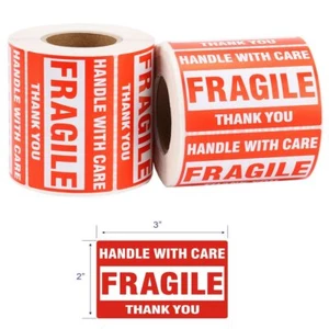 2 Rolls Fragile Stickers 2x3 Handle with Care 500/Roll Packing Shipping Labels - Picture 1 of 6
