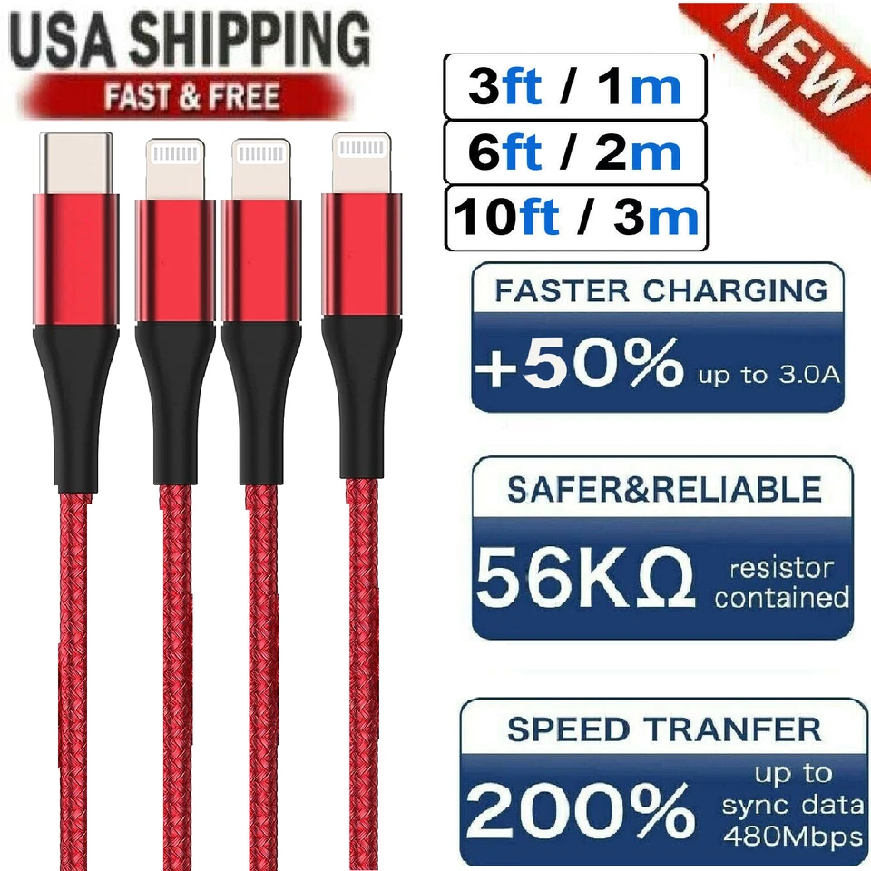3-PACK Fast Charger Cable Type 3/6/10ft USB C PD Cord to For iPhone 14 13 12 11 - Image 1 of 4