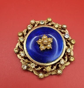 FLORENZA Regal Cobalt Blue Enamel Rhinestone and Faux Pearl Brooch Pendant Pin - Picture 1 of 9
