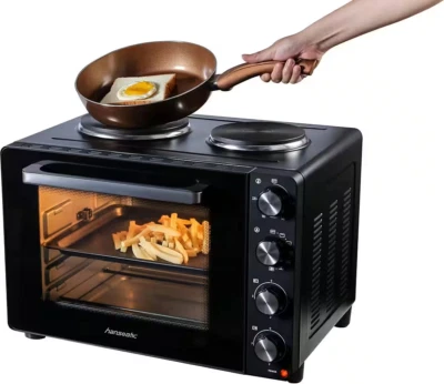 Kleinküche Schwarz Mini Backofen mit Doppelkochplatte - Hanseatic HMO366BKB - Bild 1 von 4